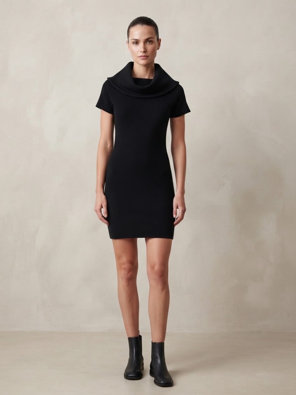 Zara Black Knit Cowl Neck Short Sleeve Fitted Minimalist Mini Dress Size Small